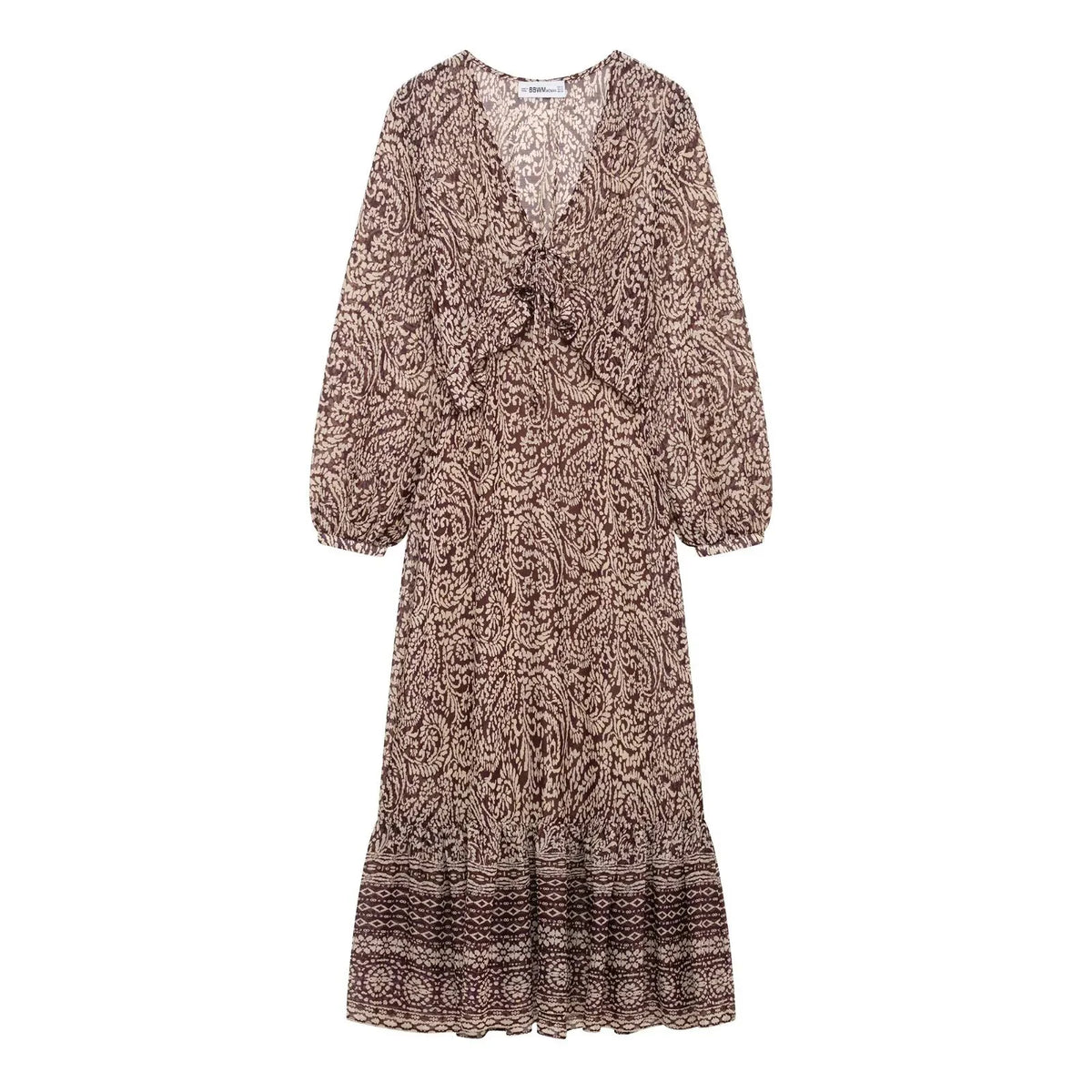 Retro Print V-Neck Tiered Midi Dress