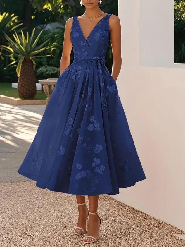 Loretta Dotson V-Neck Sleeveless Midi Dress - Embroidered Bow Elegance