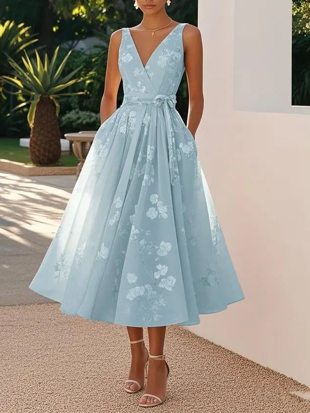 Loretta Dotson V-Neck Sleeveless Midi Dress - Embroidered Bow Elegance