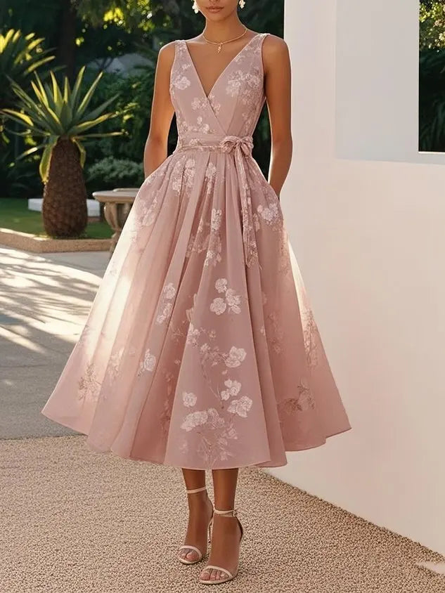 Loretta Dotson V-Neck Sleeveless Midi Dress - Embroidered Bow Elegance