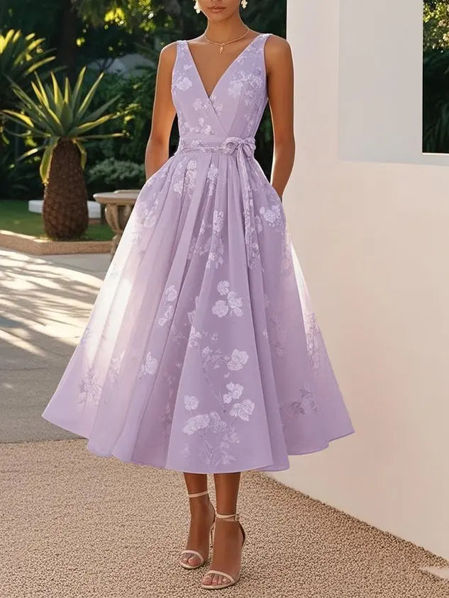 Loretta Dotson V-Neck Sleeveless Midi Dress - Embroidered Bow Elegance