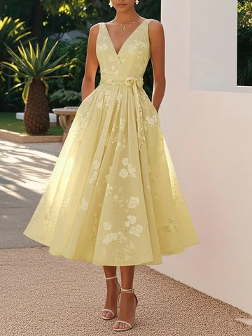 Loretta Dotson V-Neck Sleeveless Midi Dress - Embroidered Bow Elegance