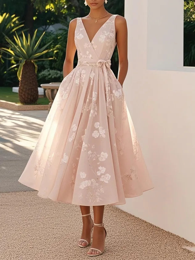 Loretta Dotson V-Neck Sleeveless Midi Dress - Embroidered Bow Elegance